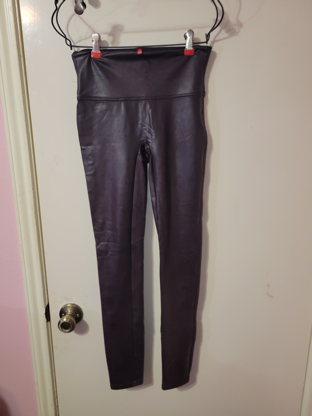 SPANX Faux Leather Leggings in Plum with Black Waistband